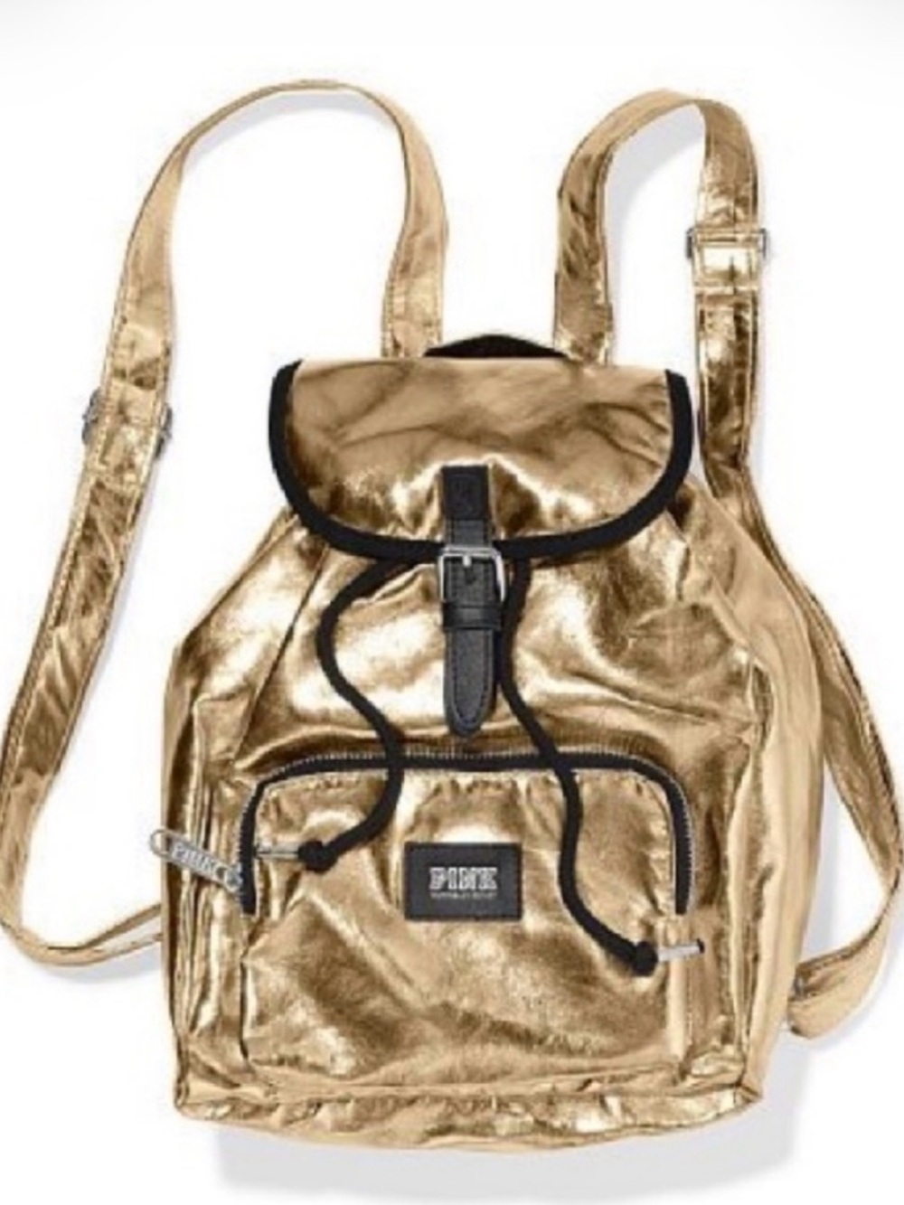 PINK Victoria's Secret Limited Edition Shiny Gold Mini Backpack with Black Trim